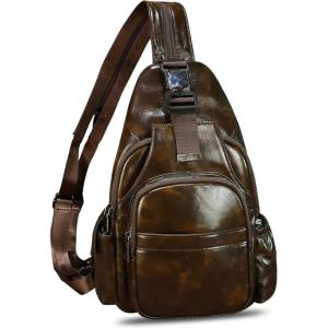 imageGenuine Leather Sling Bag for Men and Women Handmade Sling Backpack Purse Chest Over Shoulder Crossbody Bag Large Capacity BrownCoffee