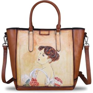 imageGenuine Leather Handbags for Women Vintage Handmade Tote Purse Cowhide Shoulder Bag Satchel TopHandle Bags for LadiesBrown Handpainted