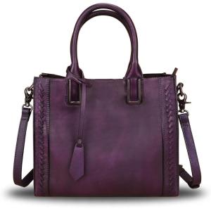 imageGenuine Leather Satchel Handbag for Women Vintage Handmade Shoulder Bag Cowhide Tote PursePurple