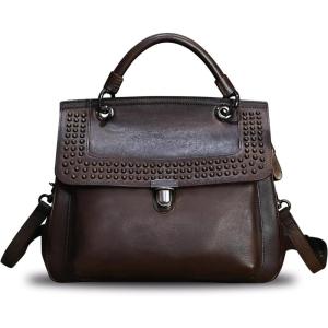 imageGenuine Leather Satchel Purse for Women Retro Handmade Top Handle Handbag Rivet Style Crossbody BagCoffee