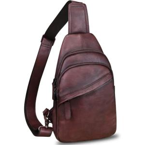 imageGenuine Leather Silng Bag for Men and Women Vintage Leather Sling Backpack Fashion Shoulder Crossbody Bag Chest PurseCoffee