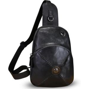 imageGenuine Leather Silng Bag for Women Small Vintage Leather Sling Backpack Fashion Shoulder Crossbody Bag Chest PurseBlack