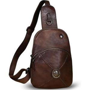 imageGenuine Leather Silng Bag for Women Small Vintage Leather Sling Backpack Fashion Shoulder Crossbody Bag Chest PurseCoffee