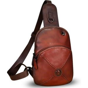 imageGenuine Leather Silng Bag for Women Small Vintage Leather Sling Backpack Fashion Shoulder Crossbody Bag Chest PurseRed