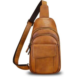 imageGenuine Leather Sling Bag Crossbody Motorcycle Bag Handmade Chest Bag Hiking Daypack Retro Shoulder Backpacks BrownBrown