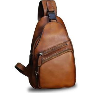 imageGenuine Leather Sling Bag Crossbody Purse Handmade Hiking Daypack Motorcycle Bag Retro Shoulder Backpack Vintage Chest Bag CoffeeBrown