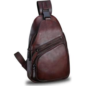 imageGenuine Leather Sling Bag Crossbody Purse Handmade Hiking Daypack Motorcycle Bag Retro Shoulder Backpack Vintage Chest Bag CoffeeCoffee