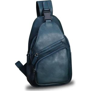 imageGenuine Leather Sling Bag Crossbody Purse Handmade Hiking Daypack Motorcycle Bag Retro Shoulder Backpack Vintage Chest Bag CoffeeNavyblue