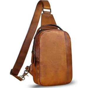 imageGenuine Leather Sling Bag Crossbody Purse Retro Handmade Hiking Daypack Motorcycle Shoulder Backpack Vintage Chest Bags CoffeeBrown