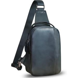 imageGenuine Leather Sling Bag Crossbody Purse Retro Handmade Hiking Daypack Motorcycle Shoulder Backpack Vintage Chest Bags CoffeeNavyblue