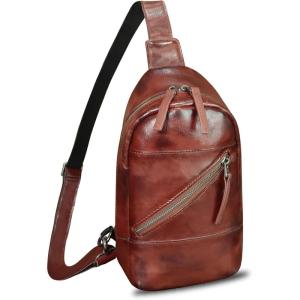 imageGenuine Leather Sling Bag Men and Women Vintage Handmade Leather Sling Backpack Shoulder Crossbody Bag Chest PurseCoffee