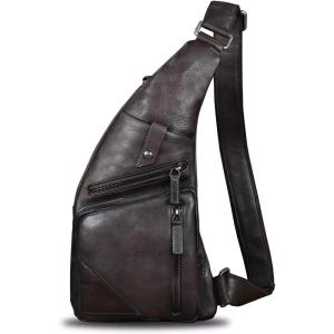 imageGenuine Leather Sling Bag for Men Vintage Handmade Crossbody Daypack Hiking Backpack Retro Crossbody Shoulder Bags LightCoffeeDarkcoffee