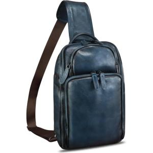 imageGenuine Leather Sling Bag for Men and Women Vintage Leather Sling Backpack Crossbody Bag Chest purse for 11 Inch Ipad ProBlue