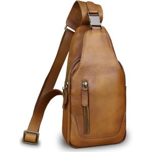 imageLRTO Genuine Leather Silng Bag for Men and Women Fashion Real Leather Sling Backpack Shoulder Crossbody Bag Chest PurseBrown