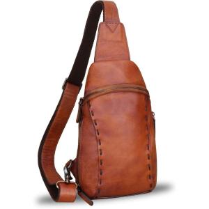 imageLRTO Genuine Leather Silng Bag for Women and Men Vintage Real Leather Sling Backpack Shoulder Crossbody Bag Chest PurseBrown