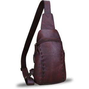 imageLRTO Genuine Leather Silng Bag for Women and Men Vintage Real Leather Sling Backpack Shoulder Crossbody Bag Chest PurseCoffee