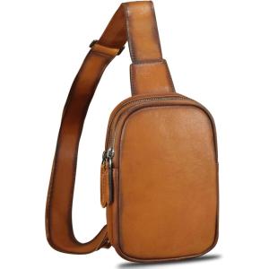 imageLRTO Genuine Leather Sling Bag for Women Small Crossbody Purse Handmade Daypack Retro Shoulder Backpack Vintage Chest Pack BrownBrown