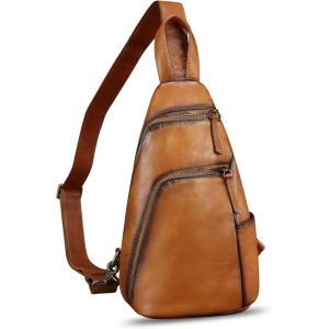 imageGenuine Leather Silng Bag for Men and Women Vintage Leather Sling Backpack Purse Shoulder Crossbody Bag Chest BagBrown