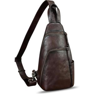imageGenuine Leather Silng Bag for Men and Women Vintage Leather Sling Backpack Purse Shoulder Crossbody Bag Chest BagCoffee