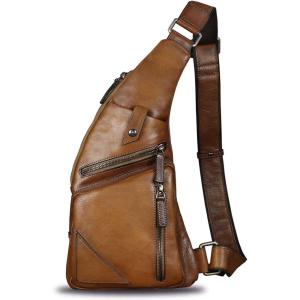imageGenuine Leather Sling Bag for Men Vintage Handmade Crossbody Daypack Hiking Backpack Retro Crossbody Shoulder Bag