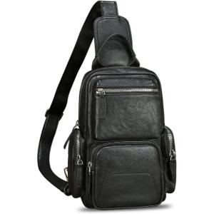 imageGenuine Leather Sling Bag for Men and Women Vintage Leather Sling Backpack Purse Chest Bag Over Shoulder Crossbody BagBlack
