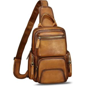 imageGenuine Leather Sling Bag for Men and Women Vintage Leather Sling Backpack Purse Chest Bag Over Shoulder Crossbody BagBrown