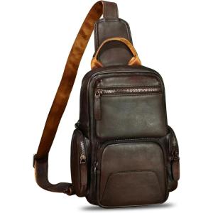 imageGenuine Leather Sling Bag for Men and Women Vintage Leather Sling Backpack Purse Chest Bag Over Shoulder Crossbody BagCoffee