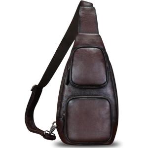 imageLRTO Genuine Leather Sling Bag Hiking Sling Backpacks Retro Handmade Crossbody Purse Chest Daypack Antitheft Shoulder Bag Coffee