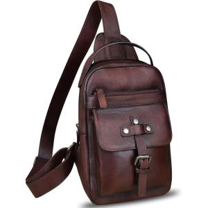 imageLRTO Genuine Leather Sling Bag for Men Crossbody Backpack Handmade Hiking Daypack Motorcycle Chest Shoulder Purse Coffee