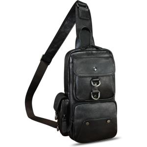 imageLRTO Genuine Leather Sling Bag for Men and Women Crossbody Backpack Handmade Chest Bag Hiking Daypack Purse PouchBlack