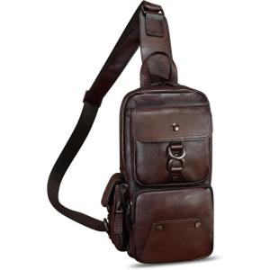 imageLRTO Genuine Leather Sling Bag for Men and Women Crossbody Backpack Handmade Chest Bag Hiking Daypack Purse PouchCoffee