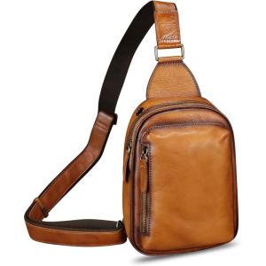 imageLRTO Genuine Leather Small Sling Bag for Women and Men Crossbody Bag Chest Bag Sling Backpack Purses for Hiking Sports TravelBrown
