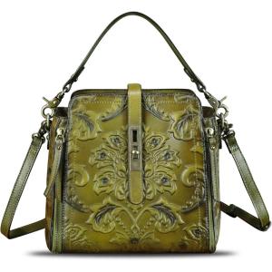 imageGenuine Leather Purses and Handbags for Women Retro Embossed Crossbody Shoulder Bag Satchel PouchesKhaki