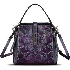imageGenuine Leather Purses and Handbags for Women Retro Embossed Crossbody Shoulder Bag Satchel PouchesPurple
