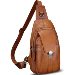 image:imageGenuine Leather Sling Bag for Women and Man Handmade Retro Hiking Crossbody Backpack Purse Chest Shoulder DaypackBrown