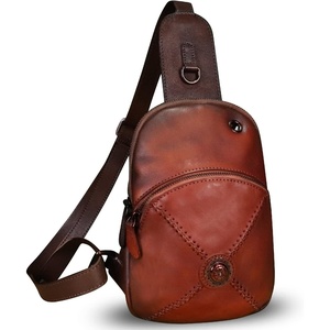 image:imageGenuine Leather Small Sling Bag for Women Crossbody Purse Handmade Hiking Daypack Retro Shoulder Backpack Vintage Chest BagsRed