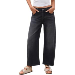imageBarrel Jeans for Women Trendy Stretchy Mid Waist Wide Leg Cropped Denim Pants Boyfriend Baggy Jeans with PocketsBlack
