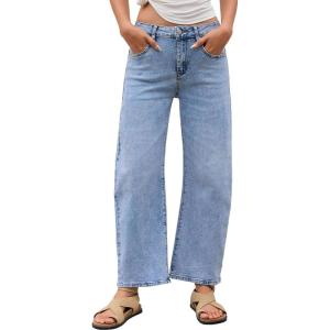 imageBarrel Jeans for Women Trendy Stretchy Mid Waist Wide Leg Cropped Denim Pants Boyfriend Baggy Jeans with PocketsLightblue
