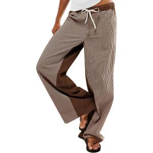 imageLow Rise Striped Pants for Women Pull On Drawstring Boho Wide Leg Jeans Trendy 2025Coffee