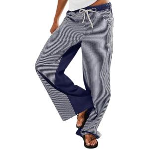 imageLow Rise Striped Pants for Women Pull On Drawstring Boho Wide Leg Jeans Trendy 2025Darkblue