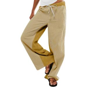 imageLow Rise Striped Pants for Women Pull On Drawstring Boho Wide Leg Jeans Trendy 2025Mustardyellow