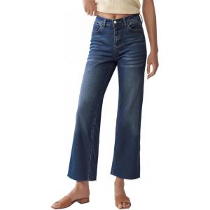 imageWide Leg High Waisted Jeans for Women Trendy Stretchy Cropped Straight Leg Flare Jeans Frayed Hem Baggy Denim PantsDark Blue