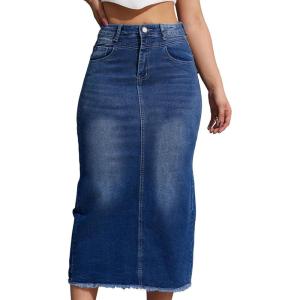 imageWomen High Waist Midi Denim Skirt with Back Slit Casual ALine Long Jean Skirts with Pockets LadiesBlue
