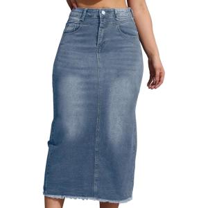 imageWomen High Waist Midi Denim Skirt with Back Slit Casual ALine Long Jean Skirts with Pockets LadiesLight Blue