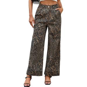imageWomens High Waist Wide Leg Jeans Trendy Baggy Cuffed Denim Pants Leopard Loose No Stretchy Jeans with PocketsLeopard