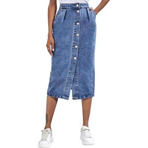 imageWomens High Waisted Denim Midi Skirt with Pockets Casual ALine Button Front Long Novelty Skirts with SlitMid Blue