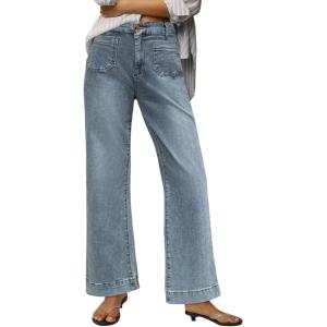 imageWomens High Waisted Wide Leg Jeans Trendy Stretchy Loose Flare Baggy High Rise Denim Pants with PocketLight Blue