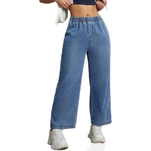 imageWomens Wide Leg Cropped Jeans 90s Elastic Waist Baggy Pull On Denim Pants for Woman 2024 TrendyLight Blue