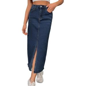 image:imageWomens High Waist Denim Maxi Skirt Stretch Summer Casual Front Slit Long Jean Skirts with Pocket Trendy 2024 Large Dark Blue
