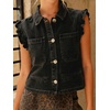 image:imageWomens Casual Denim Vest Sleeveless Ruffle Cuffed Cropped Jacket Tops 2026Black
